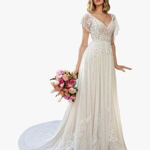 Elegant Lace Wedding Dress for Women Pleated White main image 1
